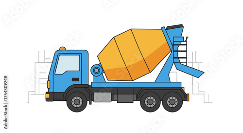 Illustration of a Blue and Yellow Cement Mixer Truck on a Construction Site, Vector Design
