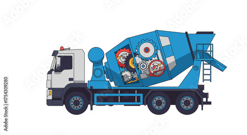 Cement Truck with Gears Construction Vehicle Cartoon Illustration