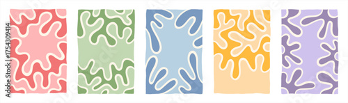 Abstract organic shapes vector borders frames set, copy space for text. Liquid funky groovy hippie backgrounds collection. Doodle uneven hand drawn wavy winding lines blots blobs fluid curved waves