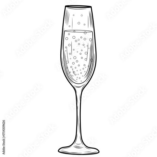 Tall glass with champagne vector illustration in sketch style. Sparkling wine or prosecco black and white image. Old engraving for bar and menu.