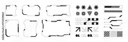 Futuristic HUD elements and interface components including arrows, frames, bars, and shapes in a high-tech sci-fi style. Collection for games, cyberpunk or UI UX design. Trendy vector illustration