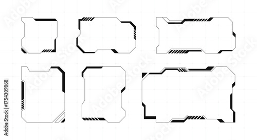 Futuristic HUD  frames in a high-tech sci-fi style on grid white background. Collection for games, cyberpunk or UI UX design. Trendy vector illustration