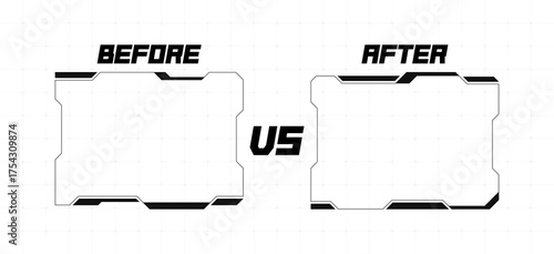 Before vs After headline with empty futuristic HUD frames for comparison. Cyber background with grid for conducting challenges, competitions and comparisons. Trendy vector illustration