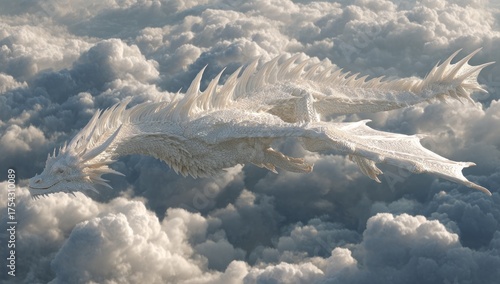 Majestic white dragon soaring above the clouds fantasy creature