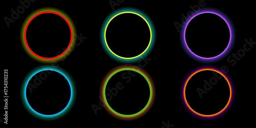 A set of round black frames with multi-colored LED panel. Neon glow effect: yellow, green, pink, red, blue, purple.