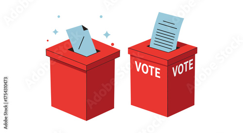 Two red voting ballot boxes with paper ballots inserted in a clean silhouette style illustration