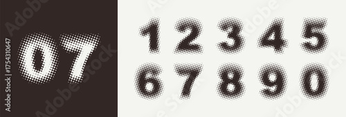 Halftone numbers in retro style. Blurred and fuzzy numbers with dots and circles. Raster spotted typeface. Vector illustration 