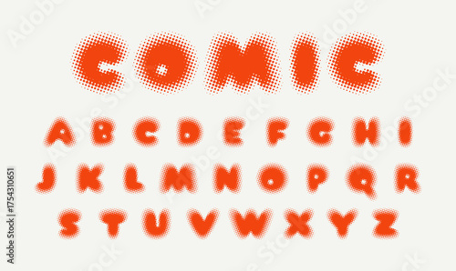 Halftone alphabet in comic style. Blurred and fuzzy font with dots and circles. Raster spotted typeface. Vector illustration 