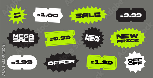 Super set of different price sticker and labels. Old price and sale stickers collection. Price tag mockup for shopping and business. Vector illustration 
