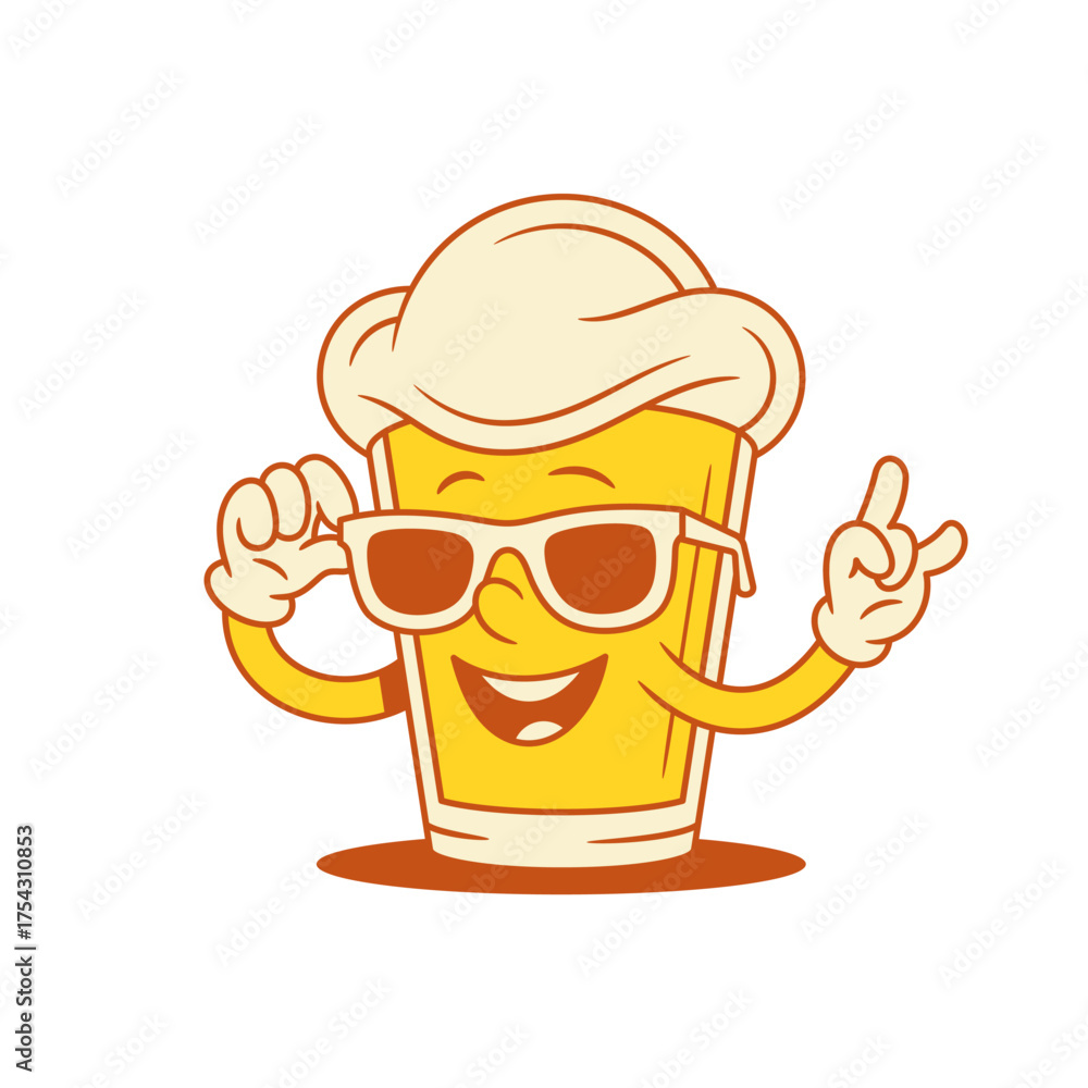 Obraz premium Comic funny beer glass cartoon character in sunglasses vector flat illustration. Funky smiley malt foamy alcohol beverage mascot in summer eyeglasses happy with rock gesture
