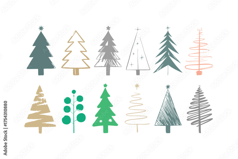 Obraz premium Collection of Hand-Drawn Christmas Trees in Various Styles