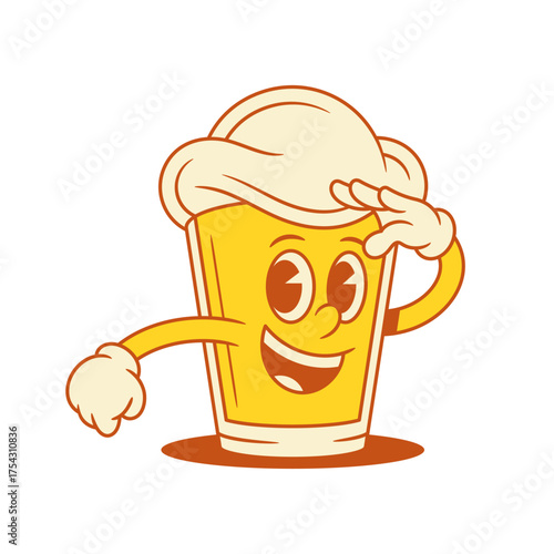 Happy emoji beer glass cartoon character looking forward vector flat illustration. Smiling comic malt foamy alcohol beverage mascot searching having fun with positive emotion