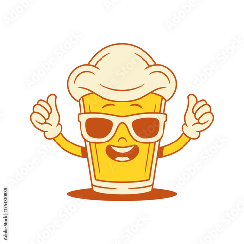 Cool comic beer glass cartoon character in sunglasses thumbs up vector flat illustration. Smiling stylish malt foamy alcohol beverage mascot wearing summer eyeglasses with positive emotion