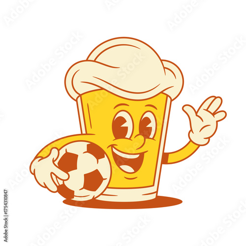 Funny beer glass cartoon character soccer player emoji vector flat illustration. Comic cute malt foamy alcohol beverage mascot smiling greeting hi hello with football ball positive emotion