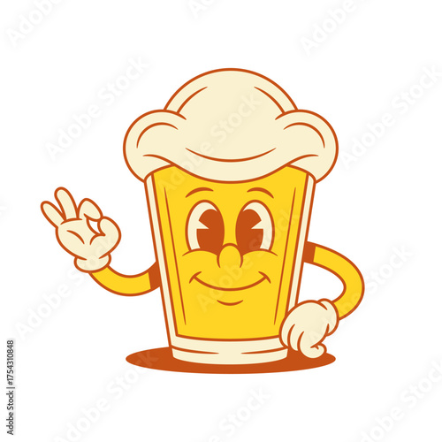 Cute smiley beer glass cartoon character showing okay sign vector flat illustration. Comic adorable malt foamy alcohol beverage mascot gesture ok everything good alright positive smiling emoji