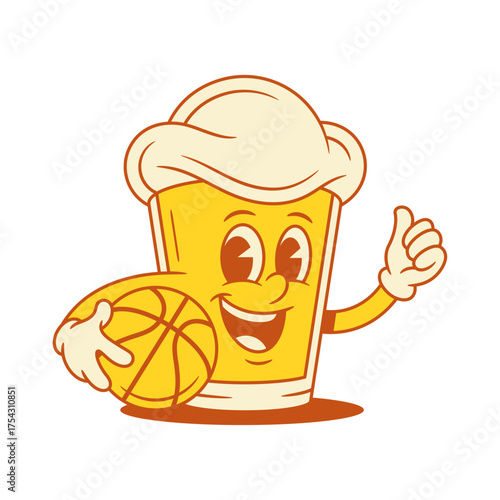 Cute comic beer glass cartoon character with soccer ball vector flat illustration. Funky smiling malt foamy alcohol beverage mascot football playing showing thumbs up with positive emotion