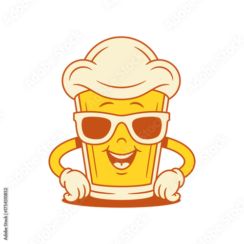 Fashion cool beer glass cartoon character in sunglasses vector flat illustration. Smiling stylish malt foamy alcohol beverage mascot wearing summer eyeglasses with positive emotion