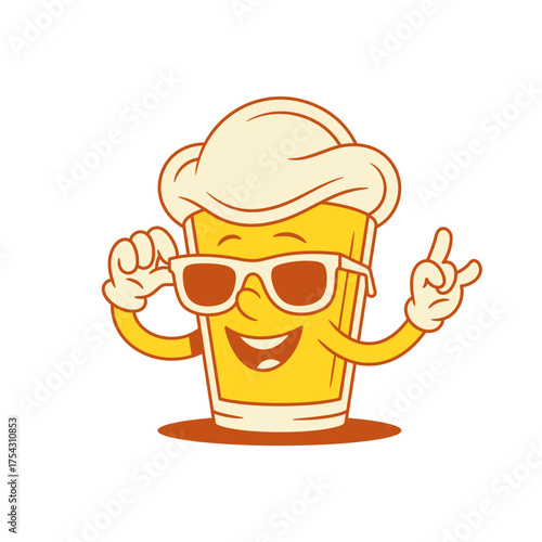 Comic funny beer glass cartoon character in sunglasses vector flat illustration. Funky smiley malt foamy alcohol beverage mascot in summer eyeglasses happy with rock gesture