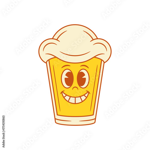 Funny cute beer glass cartoon character teeth smiling vector flat illustration. Comic adorable emoji malt foamy alcohol beverage mascot laughing having fun with positive emotion
