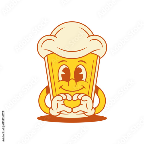 Positive smiley beer glass cartoon character heart gesture vector flat illustration. Happy comic malt foamy alcohol beverage mascot smiling showing love like amor enamored hands sign