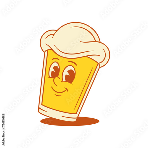 Funny cute beer glass cartoon character smile emoji vector flat illustration. Adorable comic emoticon malt foamy alcohol beverage mascot funky smiling positive emotion with shadow