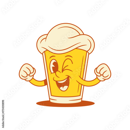 Comic beer glass cartoon character winked motivation vector flat illustration. Funny smiling malt foamy alcohol beverage mascot happy action with fist and positive emotion adorable emoji
