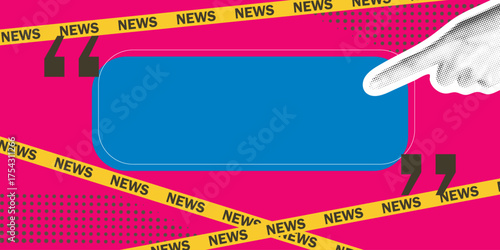 Hand points to dialog box with space for text. Composite contemporary collage, news or announcement concept. Information banner, vector graphic