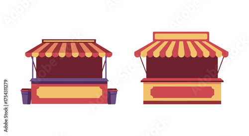 Two colorful market stalls or carnival booths with striped awnings and display counters in a simple silhouette style