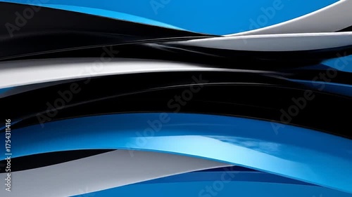 Abstract design of overlapping bands in blue, black, and white