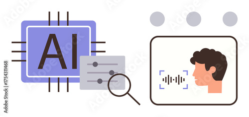 AI chip, sound wave analysis, magnifying glass, sliders, and human speech recognition. Ideal for AI technology, voice recognition, big data, innovation software machine learning minimalistic flat