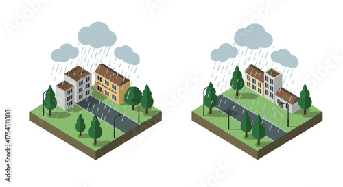 Isometric rainy city blocks with trees and buildings under clouds