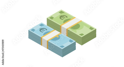 Isometric euro banknote stacks in blue and green with currency symbol