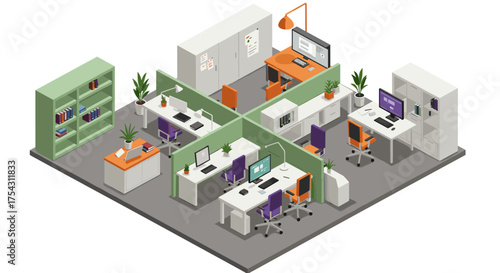 Modern isometric open office layout with desks and computers