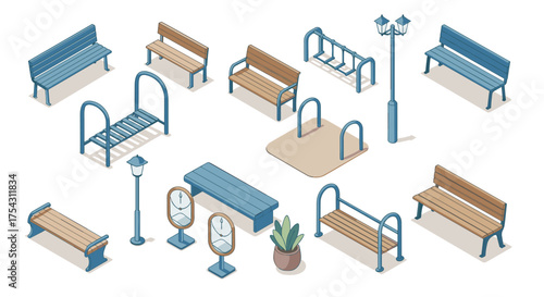 Urban outdoor seating and fixtures collection in isometric design