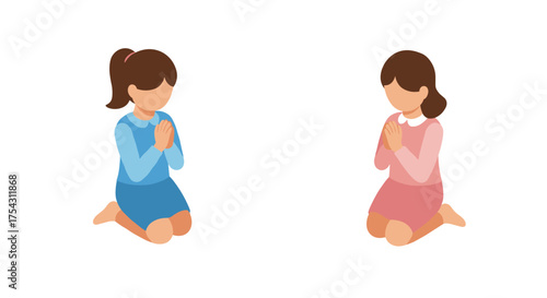 Two girls kneeling in prayer with hands clasped in minimalist style