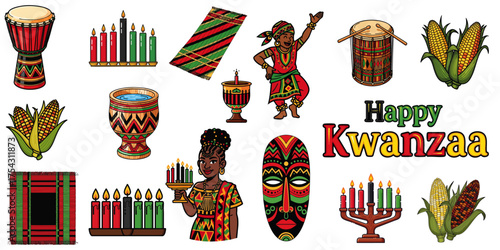 Kwanzaa celebration with colorful decorations, candles, traditional symbols, and joyful participants honoring African heritage. Kwanzaa festivities feature drums, corn,