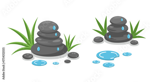 Relaxing spa stones with water drops and greenery in cartoon style