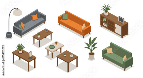 Isometric living room furniture set with colorful sofas and greenery for modern interior design