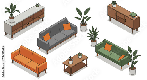 Modern isometric living room furniture set with plants and decor