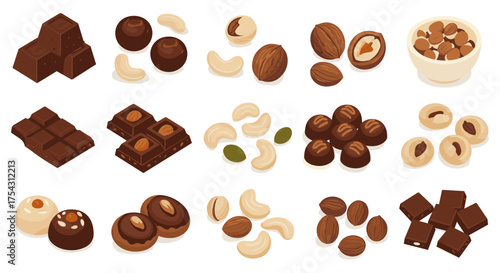 Assorted chocolates and nuts collection on white background