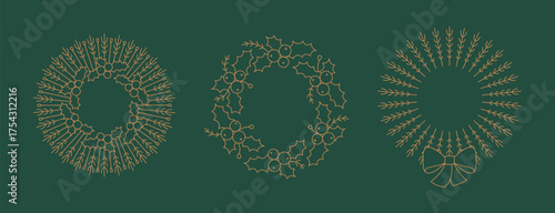 Thin line luxury Christmas wreath with holly, mistletoe. Holiday decorative vector elements. Winter season frame, fir branch, berry