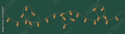 Thin line vintage string festive groovy Christmas light garland on green. Retro 70s minimalist simple gold vector graphic bulbs, festive decoration.