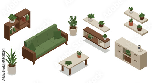 Modern isometric living room with green sofa and indoor plants for home decor