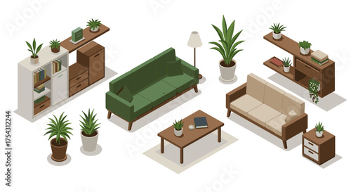 Modern isometric living room with plants and furniture