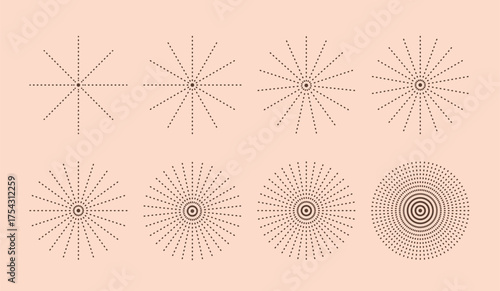 Abstract dotted line suns, stars, sunburst round vector illustrations. Simple radial circle frame, form with raises for logo, background.