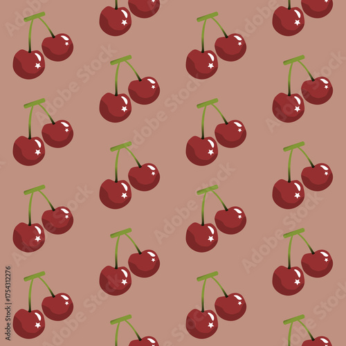 A seamless, repeating pattern featuring clusters of deep red cherries with green stems. The cherries are arranged in a diagonal grid against a solid muted, dusty rose or earthy pink background