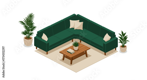 Cozy living room with green sectional sofa, coffee table, and plants in isometric design