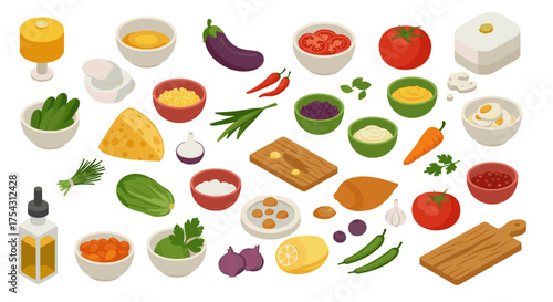 Colorful isometric ingredients collection with vegetables, spices, and kitchen accessories
