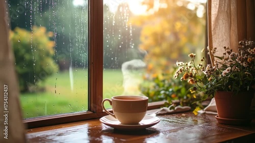Rainy day tea and flowers by a window