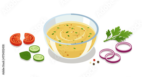 Fresh hummus dip in glass bowl with vegetables and herbs in flat design